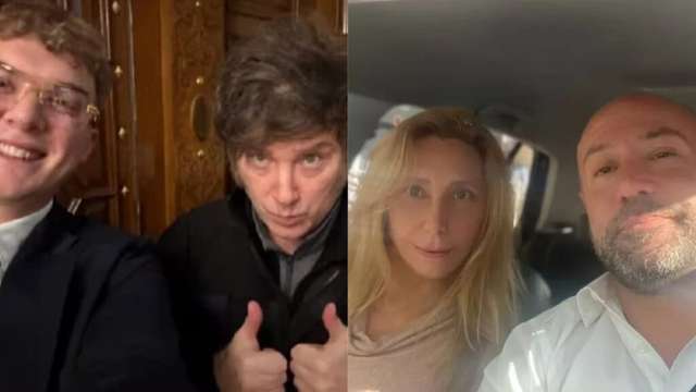 "Collage de 2 fotos: a la loquera Hayden Davis, creador de la estafa Libra junto a Javier Milei, presidente argentino.  A la derecha Karina Milei, hermana de Molero y secretaria general de la presidencia junto a DiegomSpagnuolo. Ambas imágenes representan dos de los grandes escándalos de corrupción que atraviesa al gobierno"