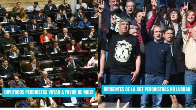 "collage de dos fotos, a la izquierda se ven diputados peronistas en el congreso y la leyenda con fondo celeste y letras blancas dice "diputados peronistas votan a favor de Milei" y la de la derecha se ven dirigentes de la CGT junto a Axel Kiciloff haciendo los dedos en V y la leyenda dice "Dirigentes de la CGT peronistas no luchan"