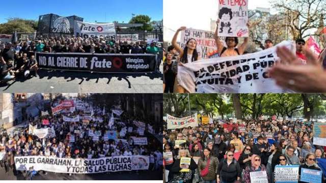 Esta es una imagen compuesta por cuatro fotografías de distintas manifestaciones sociales en Argentina. Para cumplir con las WCAG, el texto alternativo debe resumir el contenido global y detallar los mensajes principales de las pancartas, que son la información clave de la imagen.
Aquí tienes las opciones:
1. Opción estándar (Detallada)
"Mosaico de cuatro fotografías que muestran diferentes manifestaciones en la vía pública. Arriba a la izquierda, trabajadores con una bandera que dice 'No al cierre de Fate. ¡Ningún despido!'. Arriba a la derecha, jóvenes con carteles en defensa de la universidad pública y uno que dice 'Vetemos a Milei'. Abajo a la izquierda, una marcha multitudinaria con una bandera que reza 'Por el Garrahan, la salud pública y todas las luchas'. Abajo a la derecha, una concentración de personas con carteles que reclaman por el ajuste en discapacidad y salud."